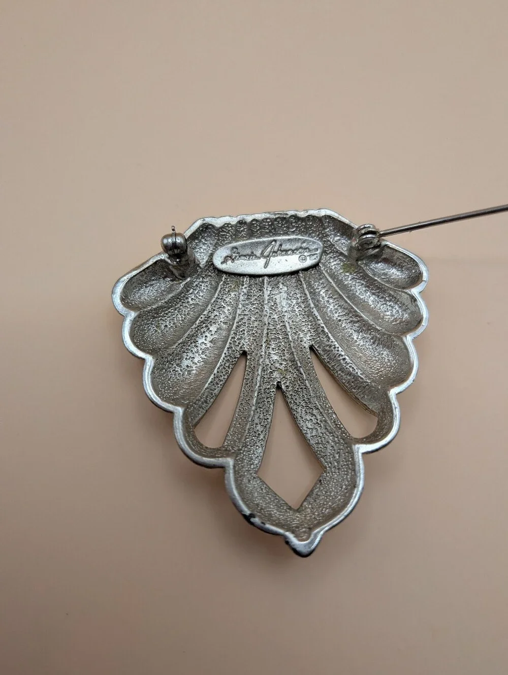 Vintage 80s Ginnie Johansen Brooch Art Deco Style Curved Silver Tone